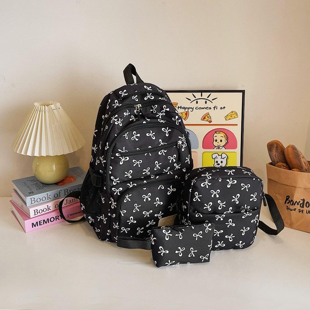 3 Pcs/Set Fashion Large Capacity Bow Backpack Nylon Adjustable Strap Student Backpack Bow Print School Bag