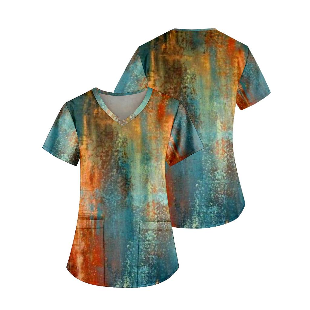 Women's Fashion Printed Work Uniform With Pocket T-Shirt Short Sleeve Top