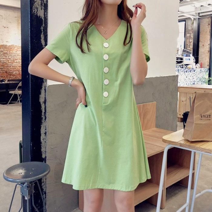 Summer new V-neck button short-sleeve dress, solid color, versatile elegant A-line skirt, slimming mid-length skirt