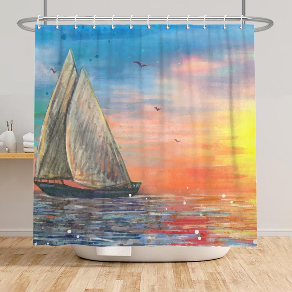 Beach Vacation Shower Curtain Tropical Palm Trees Ocean Waves Starfish Sandy Shore Pattern Waterproof Polyester Bathroom Decor