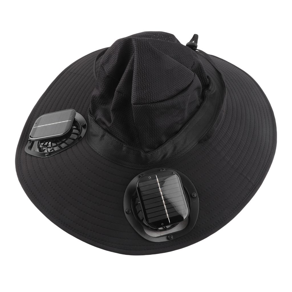 Solar Fan Hat USB Charging and Solar Powered Double Fans Wide Brim Sun Hat for Fishing Beach Black