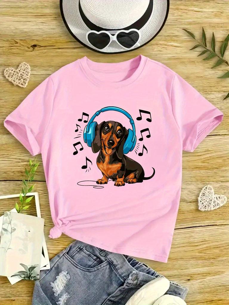 Girls Soft TShirt Fun Dachshund Music Graphic Comfortable ShortSleeve Summer Top for Youngsters Summer Wear Fun Animal Print