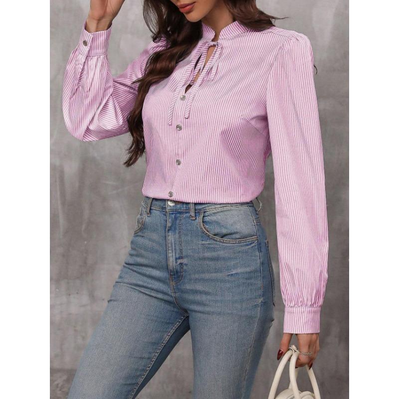 Spring and Autumn New Fashion Women's Stand Collar Tie Button Striped Long Sleeve Shirt
