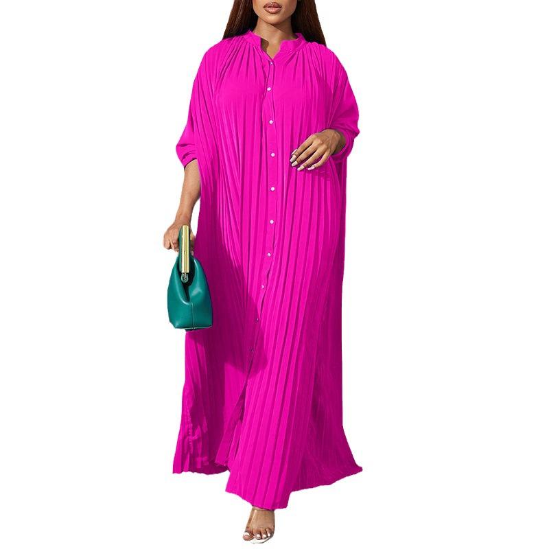 African Loose-Fit Pleated Solid Color Button-Down Long Sleeve Shirt Dress
