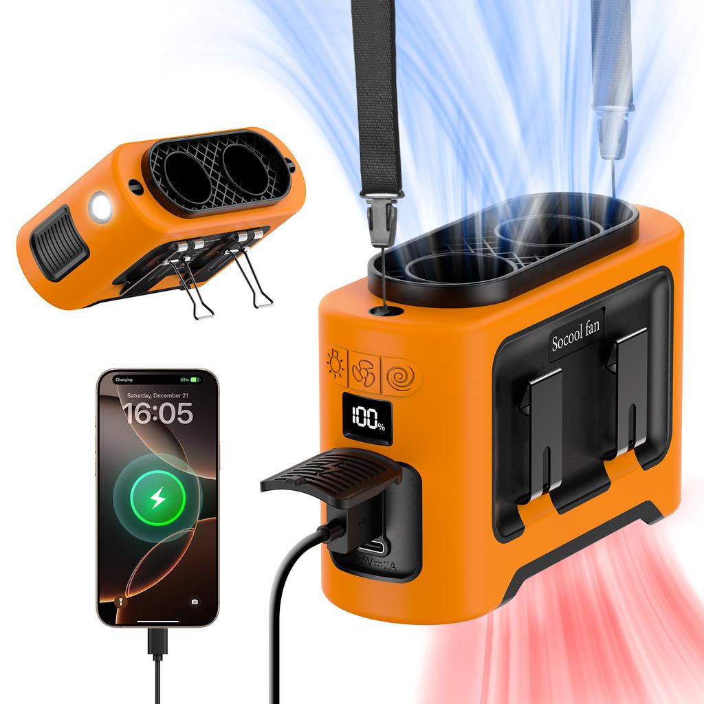 Socool 14500mAh Přenosný pasový ventilátor Dvojitý výstup vzduchu Turbo motory se čtyřmi klipy Nouzové světlo Power Banka pro venkovní použití