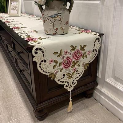 Modern Embroidered Floral Tablecloth - Polyester, Hollow Design for Dining & TV Cabinets