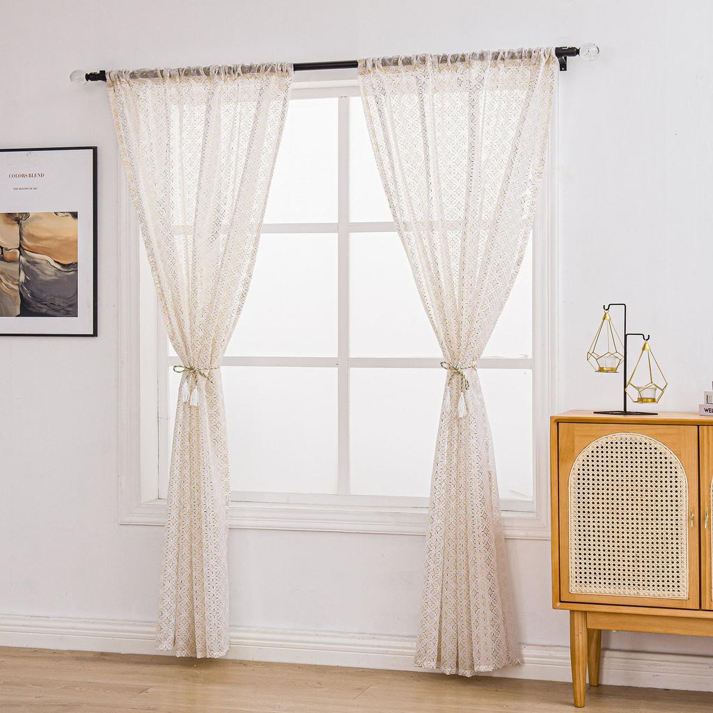 Living Room Sheer Curtain – European Embossed Pattern, Gold Foil, Semi-Blackout, Rod Pocket Window Drape, 1 Panel