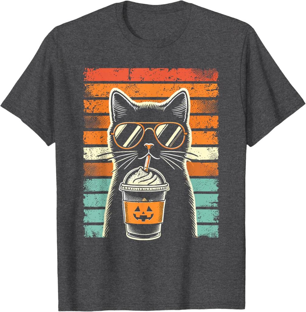 Black Cat Pumpkin Spice Latte Hipster Graphic Tee Retro Distressed TShirt Casual