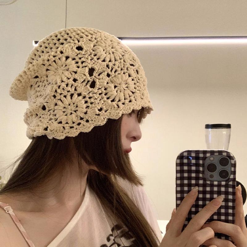 Japanese Style Handwoven Head Wrap Hat Women's Spring Autumn Thin Hollow Wool Hat Retro Literary Knit Slouchy Hat