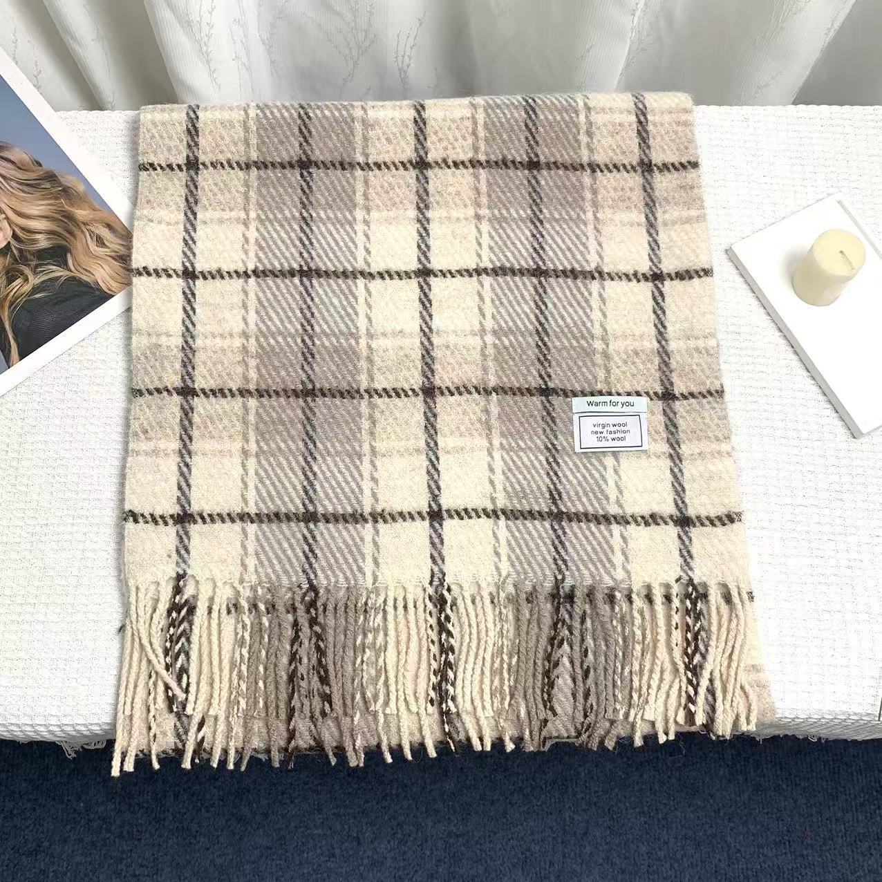 

Autumn and Winter Plaid Scarf Korean Style Retro Plaid Tassel Wool Thickened Versatile Warm Shawl for Women