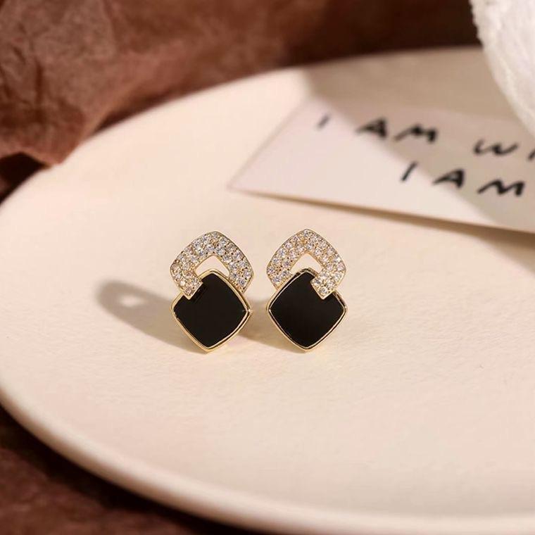 Cercei cu zirconiu negru în stil coreean pentru femei, cercei geometrici pătrați strălucitori, cu strasuri, bijuterii pentru petrecere, cadouri