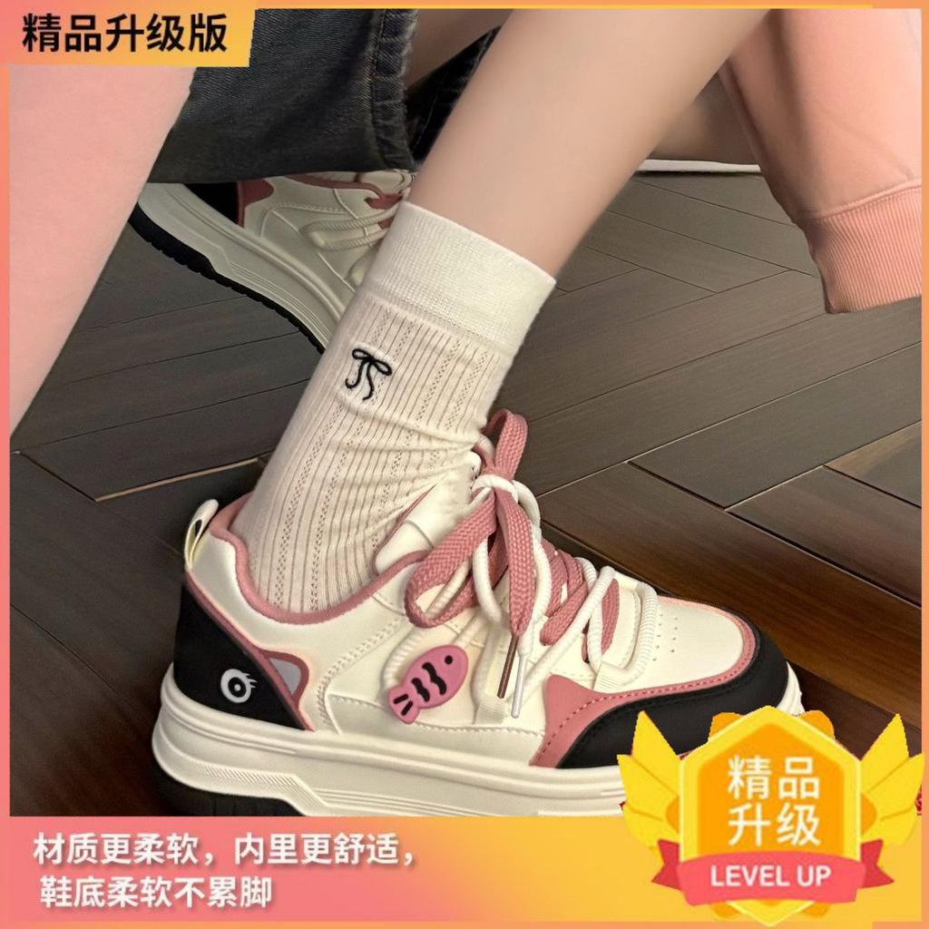 Cherry blossom powder board shoes women's shoes spring and autumn 2025 new explosive cat eats fish high value super soft thick sole white shoes