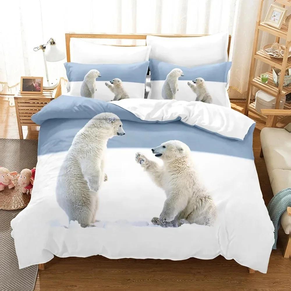 3D-gedrucktes Bettwäscheset mit niedlichem Bärenmotiv und Kissenbezug, Eisbären-Bettwäscheset, Bettbezug, Wildtier-Bettwäscheset, Queen-Size