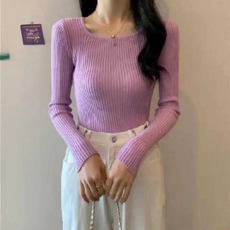 Square-neck Sweater Women's Pullover Autumn and Winter New Korean-style Slim-fit Top Knitted Tight Base Layer
