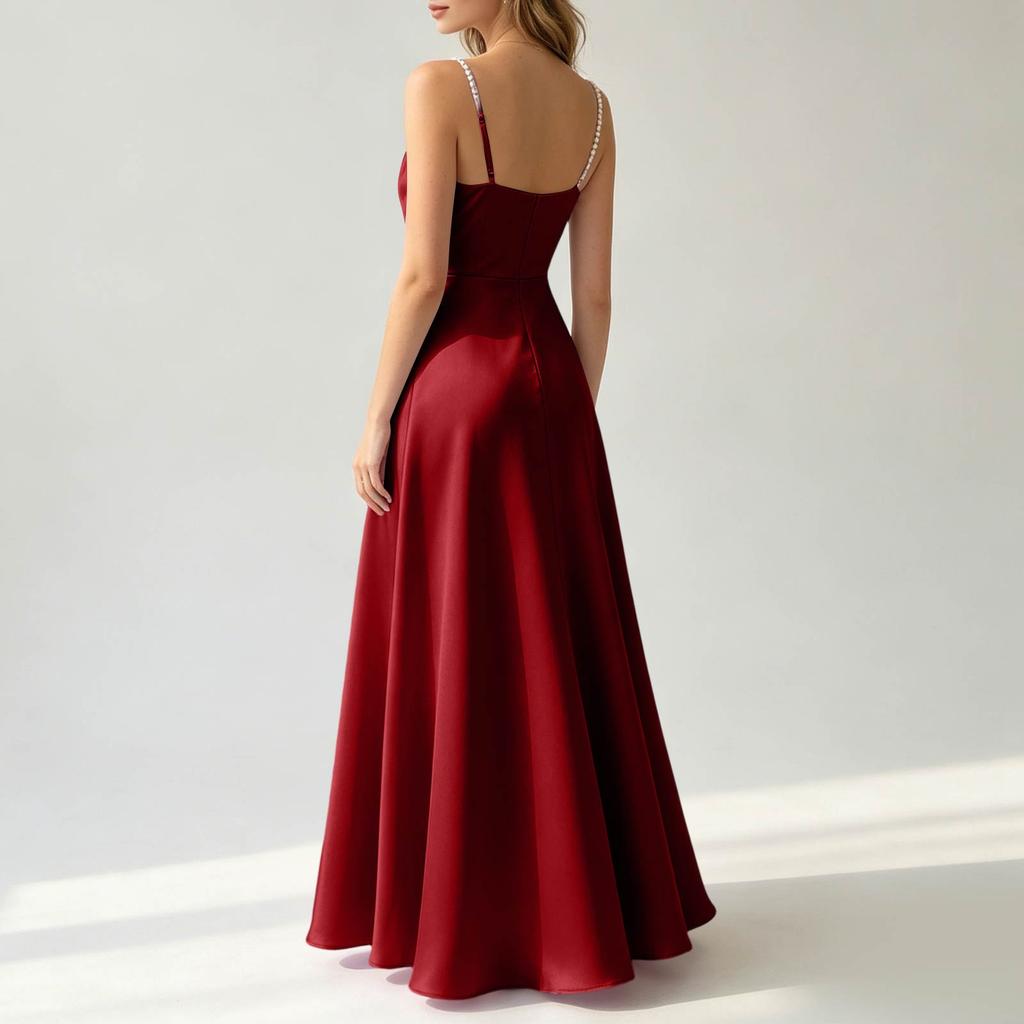 Sleeveless Satin Long Dress with Beaded Spaghetti Straps Floor Length Slim Fit Evening Gown Elegant Formal Occasion Dress