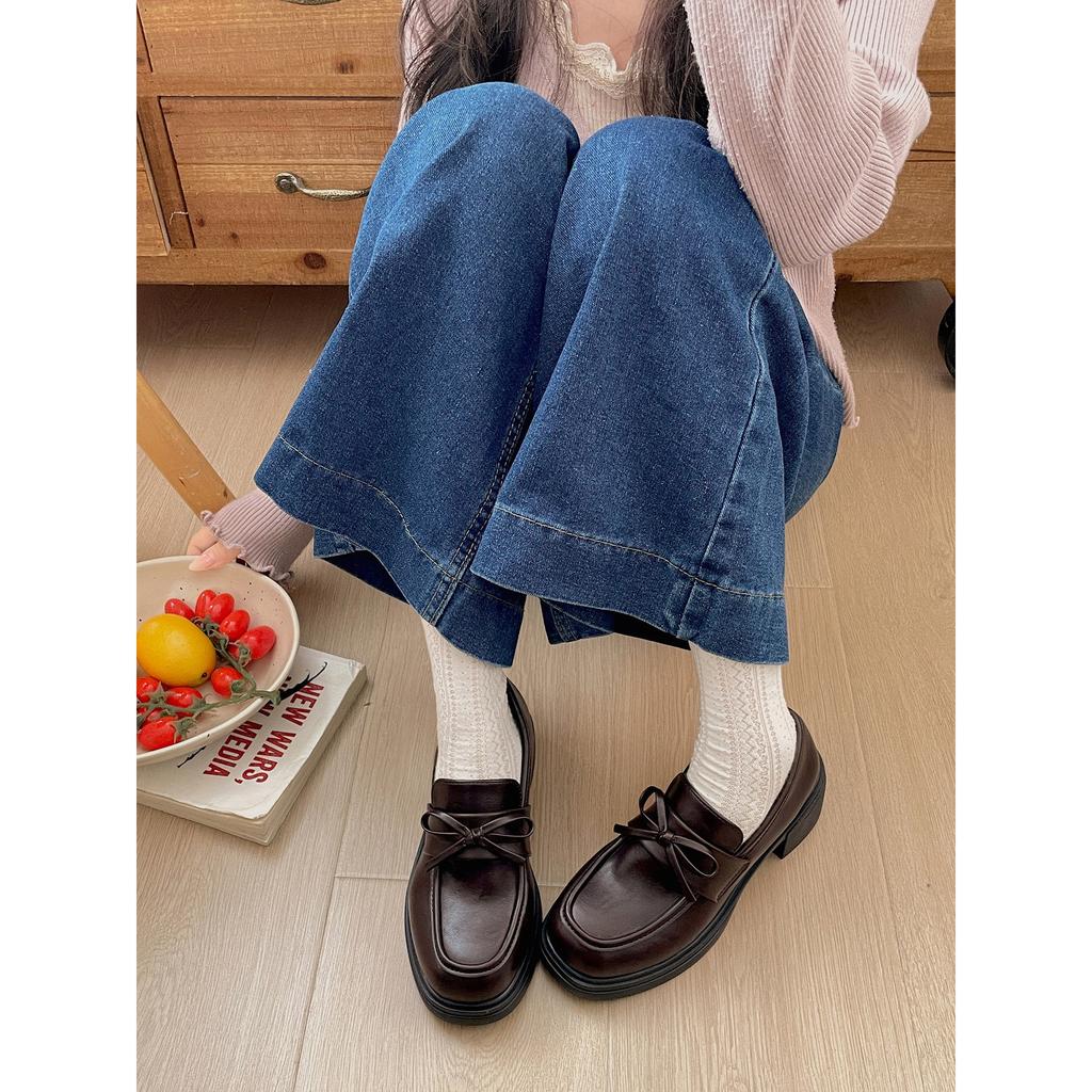 Black retro British style thick heel small leather shoes 2026 new spring and autumn with skirt small heightening loafers