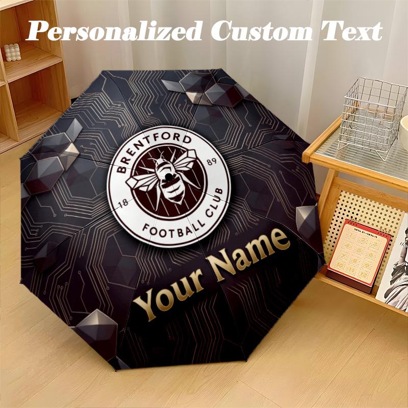 8 Rib Auto Folding Umbrella Brentford Football Print Custom Name Text Portable Rain Gear