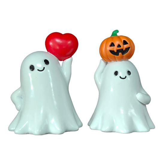 Halloween Ghost Figurine Cute Ghost Holding Heart/Pumpkin Statue Desktop Small Resin Ghost Ornament for Home Office Kitchen Tabletop Decor