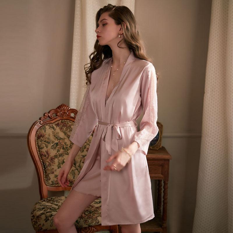 Sexy Pajamas Women's Pure Desire Summer New Suspender Lace Nightgown Two-piece Set Autumn and Winter Ice Silk Thin Nightgown Set