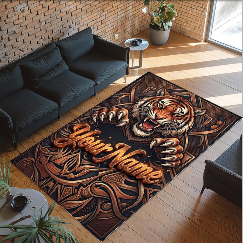 Lion Tiger Theme Crystal Velvet Rug Personalized Custom Name Text Soft Floor Mat Home Decor