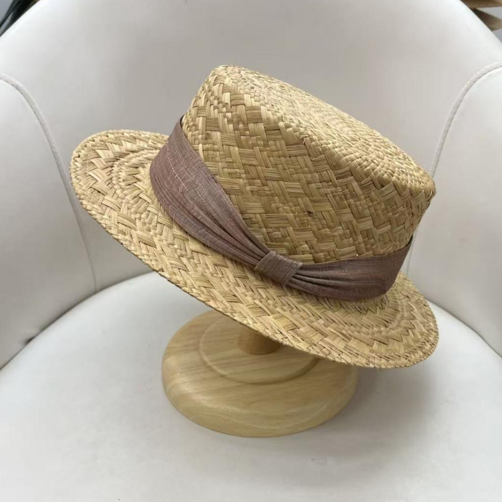 French lightweight and breathable straw, flat-top small edge silk hemp straw hat, children's summer travel sunscreen sunshade top hat