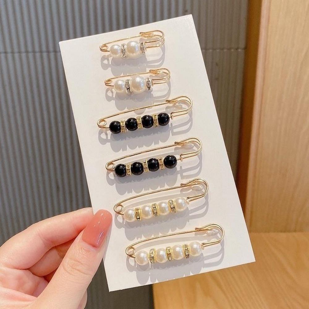 6-Piece Set Pearl/Black Bead Waist Adjustable Safety Pins, Elegant Pants Waist Cincher Brooch, Ideal for Daily Clothing Repair