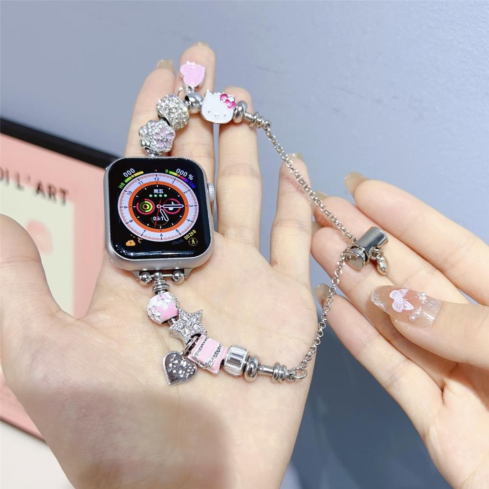

Cute Kt Cat Bracelet for Apple Watch Series 9 8 7 6 5 41mm 45mm Luxury Watch Band for IWatch Ultra 38 42 40mm 44mm Crystal Strap 38 40 41mm чорний/жовтий