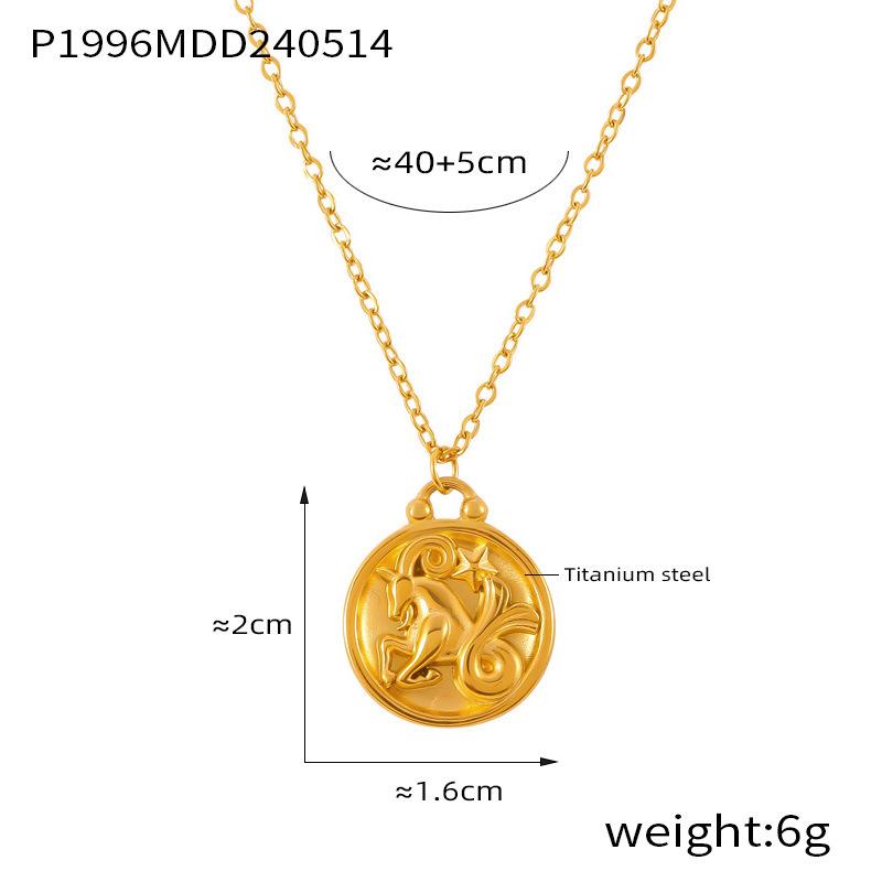 Fenny Fashion Embossed Stars 12 Constellations Round Brand Pendant Necklace 18K Gold Plated Stainless Steel Jewelry