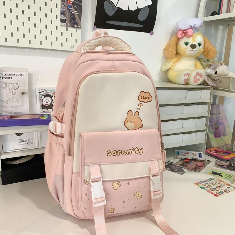 Student Grade 3-6 Schoolbag Women's Large Capacity Cartoon Backpack Campus Color Block Backpack