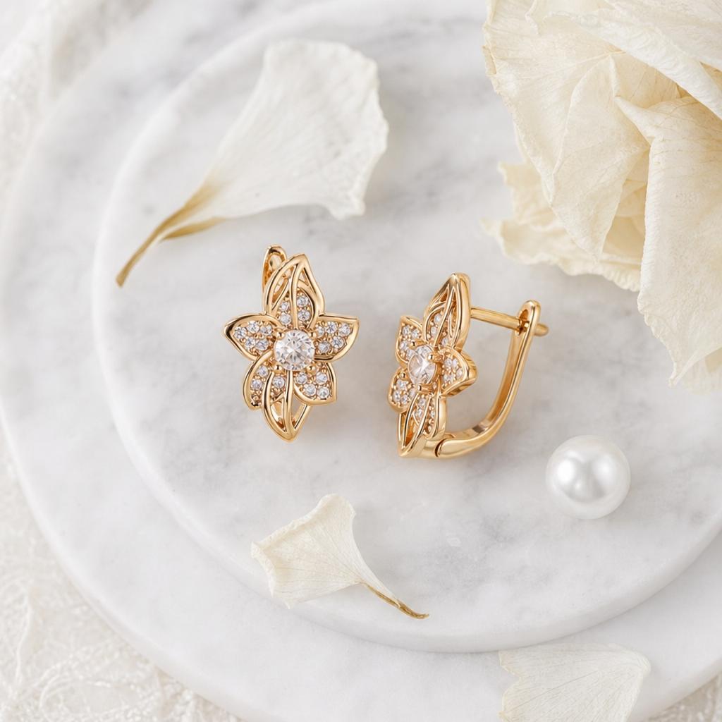Flower Stud Earrings for Women, Zircon with Colored Border, Everyday Jewelry
