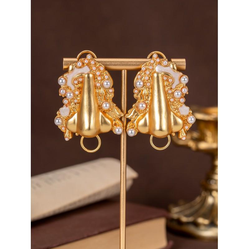 Vintage Enamel Inlaid Pearl Nose Earrings With A Retro Temperament Personalized Inlay