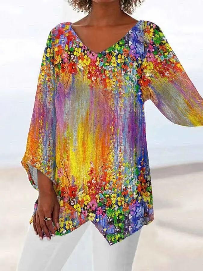 Women Casual Loose V-Neck Irregular Hem Long Sleeve Top