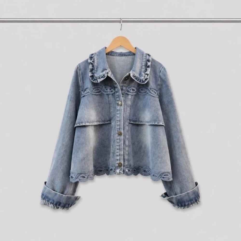 Mizqz Puff Sleeve Denim Jacket Pretty Frill Collar