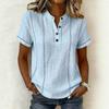 Camicetta da donna Henley a maniche corte con cuciture a contrasto, azzurro chiaro, top casual con bottoni sul davanti, scollatura rotonda, tinta unita
