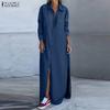 ZANZEA Elegant Women Lapel Neck Long Sleeve Buttons Splits Casual Long Shirts Dress