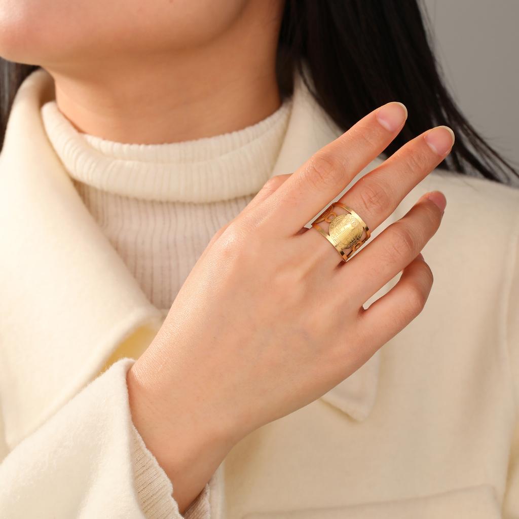 My Shape Saint Benedict Medallion Hollow Rings for Women Men Stainless Steel Religious Open Adjustable Finger Ring Jewelry Gifts
