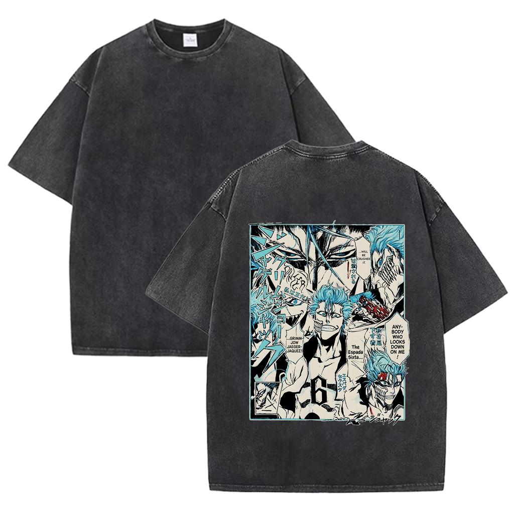 Vintage Washed Anime Character Print T-shirt Men Casual Loose Streetwear Cotton Short Sleeve Tops