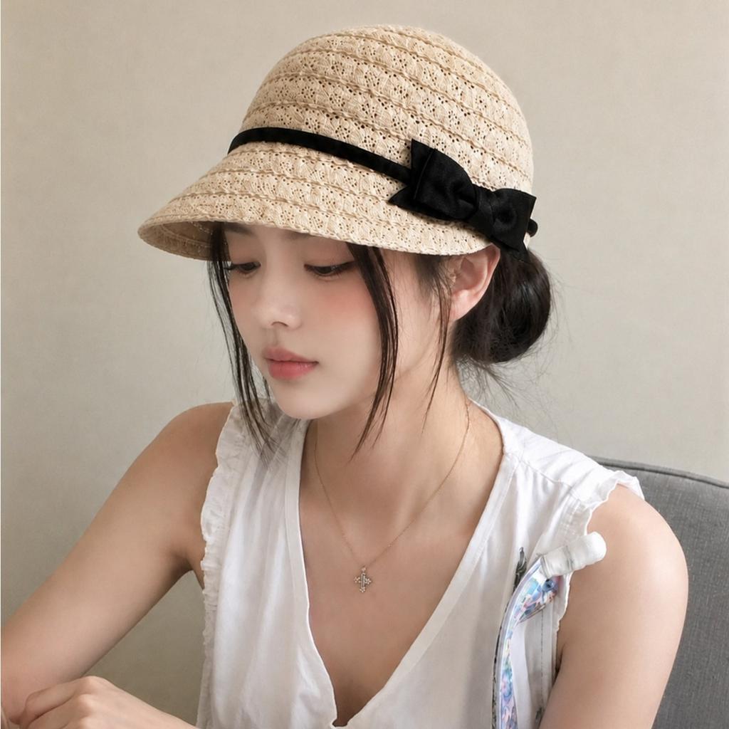 French Small Fragrance Style Bow Woven Knight Hat Women'S Spring And Summer Fashionable Temperament Sunshade Face Small Equestrian Hat
