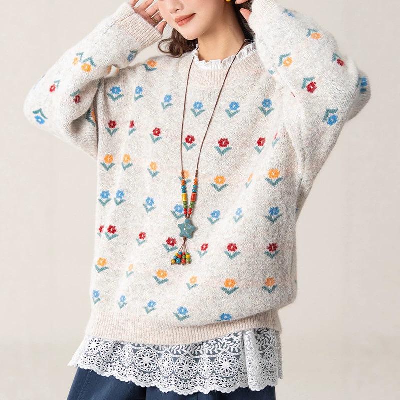 Floral Jacquard Round Neck Women's Sweater – Stylish, Soft, Versatile Knit Top with Unique Design for Autumn & Winter.