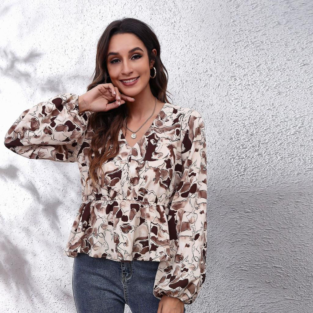 BITCED 19 Floral Checkered Chain Floral Checkerboard Printed Long Sleeve Chiffon Shirt for Women Spring and Autumn