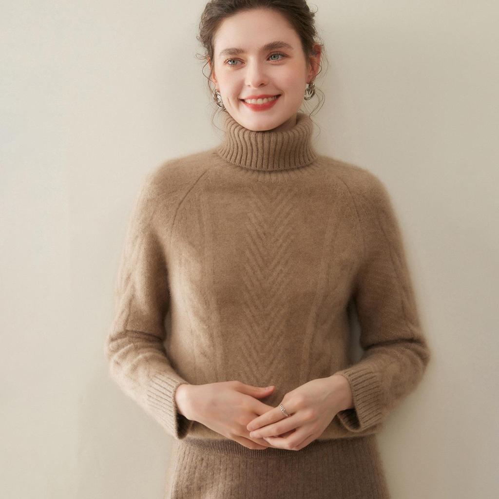 Elegant Women's High-Neck Cashmere Sweater: Double-Ply Thick, Large Cable Knit, Perfect for Autumn & Winter