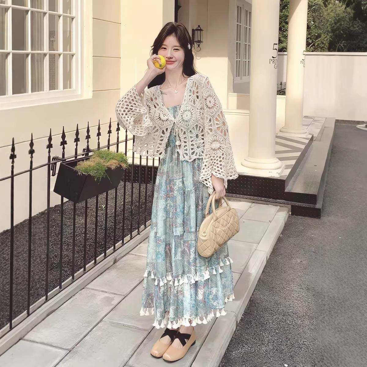 Women s Spring/Summer 2026 Two-Piece Set: Elegant Floral Camisole Dress & Tassel Cardigan XL
