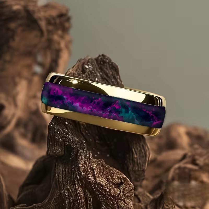 Fashion Men's Stainless Steel Rings Violet Gradient Purple Nebula Inlay Ring for Men Jewelry Suitable for Daily Wear, Non-Fade