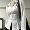 Women Sexy Solid Color Slim Chiffon Shirt Turn-down Collar Flare Sleeve Tunic Bandage Design Vintage Female Blouses Spring 2026