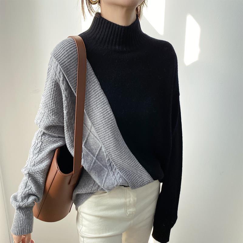 

European version design sense contrasting color splicing semi-turtleneck sweater women s autumn and winter loose outer top bottoming knitted sweater One size черный серый