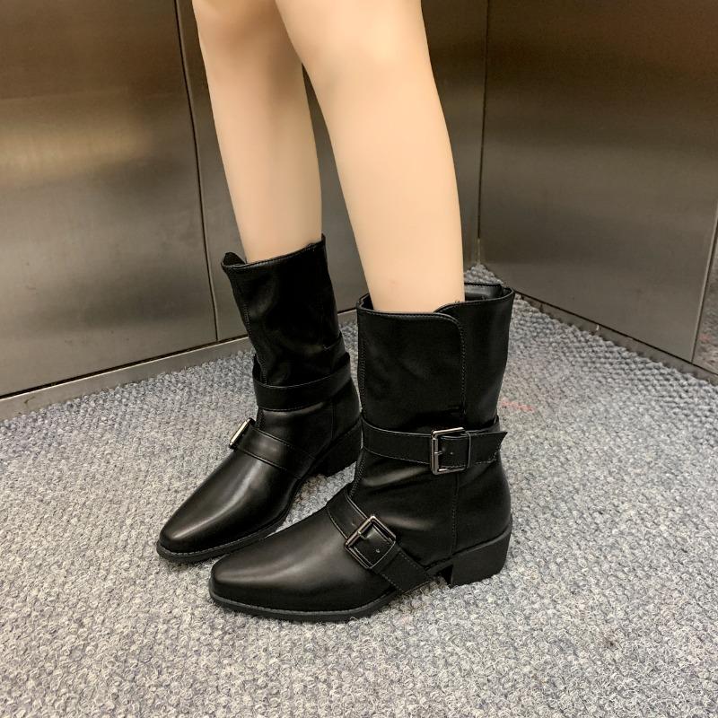 

Belt Buckle Mid-tube Boots Autumn New Cow Suede Sleeve Soft Sole Non-slip Wear-resistant Single Shoes 41