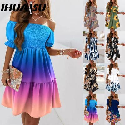 Abito Estivo Moda Donna Monospalla Manica Corta Stampa Sfumata Volant Mini Abito