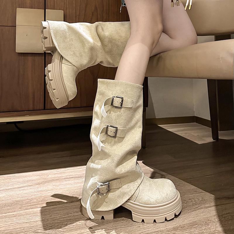 Fashion Winter Fashion Platform Thick Heel Woman Knight Boots Fashion Belt Buckle Slip On Mid Calf Booties