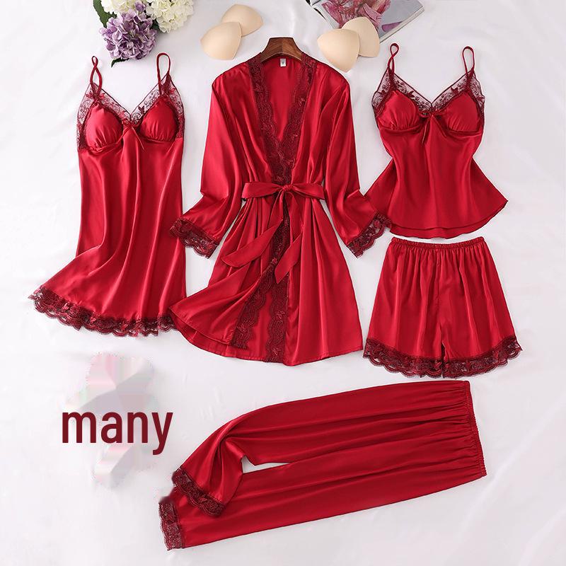 Conjunto de Pijama de Seda e Renda para Mulher - 5 Peças com Camisola de Manga Comprida, Camisola e Shorts para Primavera, Verão e Outono