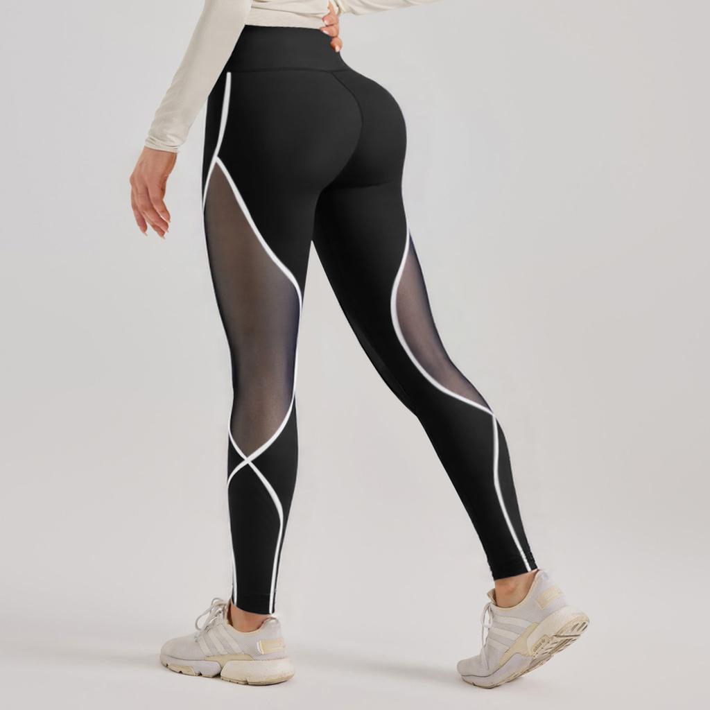 Women's Color Blocked Mesh Yoga Pants with European and American Splicing, High Waist and Hip Lifting Running Sports Pants